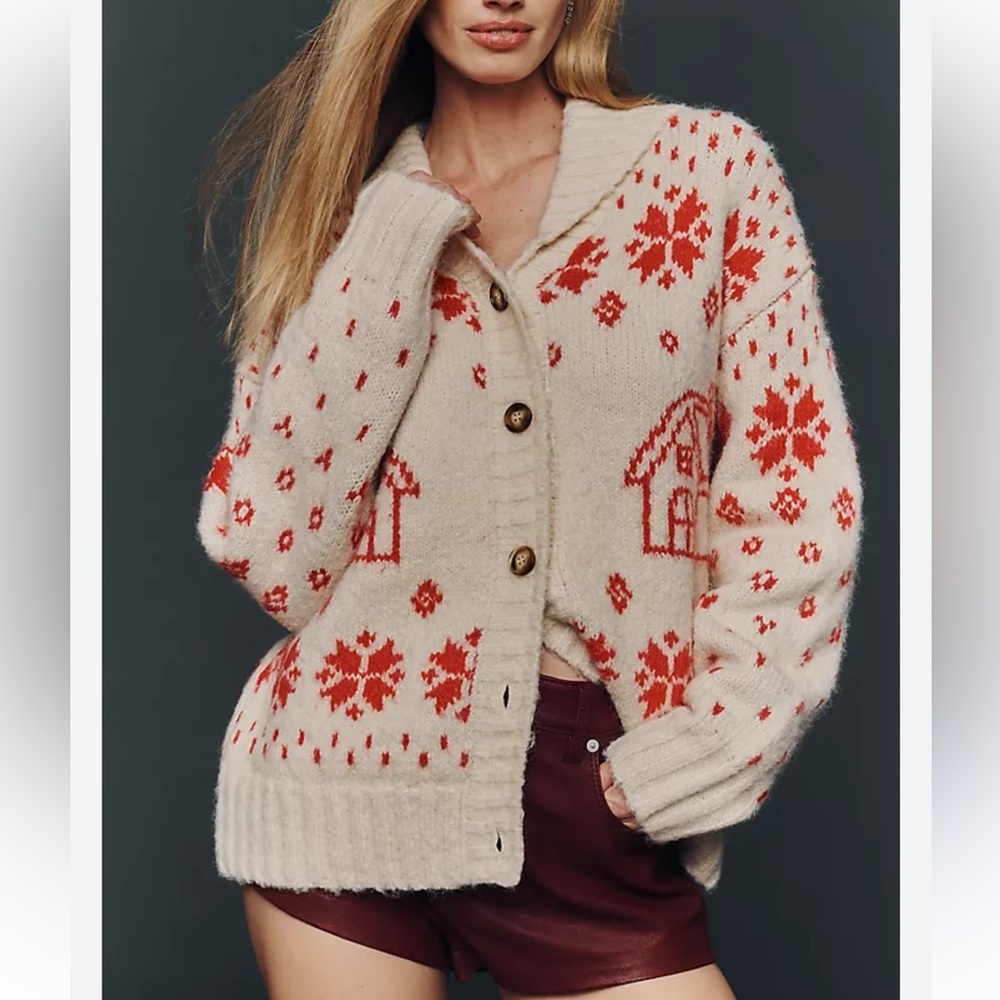 MOON RIVER ANTHROPOLOGIE WOMENS COLLARED CARDIGAN SWEATER HOLIDAY COZY CREAM XS
